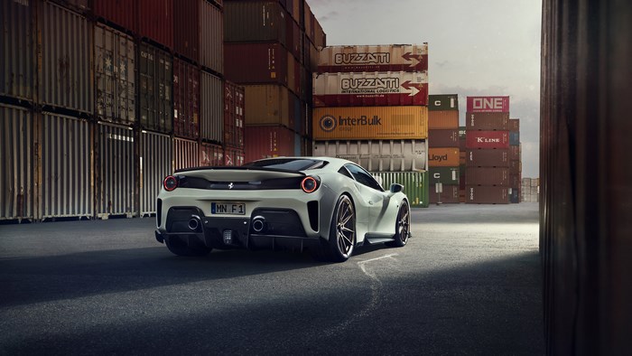 White Ferrari 488 with Shipping Containers