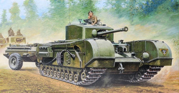 Churchill tank with a trailer and crew