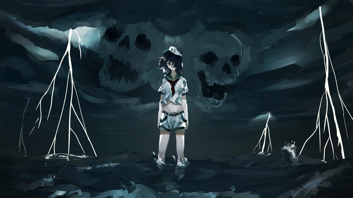 Minamitsu Murasa stands in a stormy sea with skull clouds