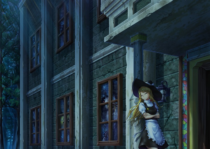 Marisa Kirisame in front of a dilapidated building