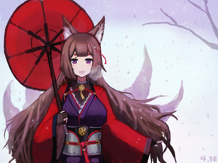 Amagi from Azur Lane holding a red umbrella in the snow