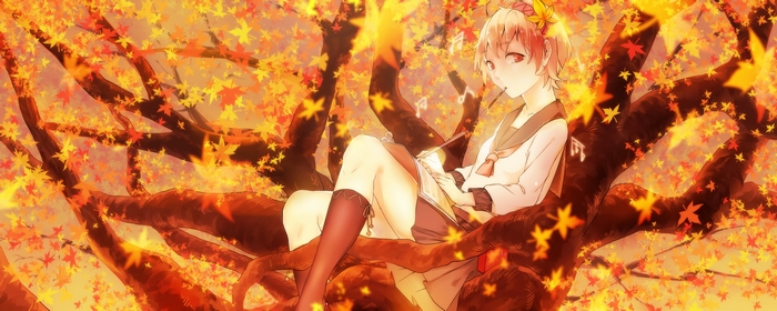 Yatsuhashi Tsukumo sitting in a tree with autumn leaves