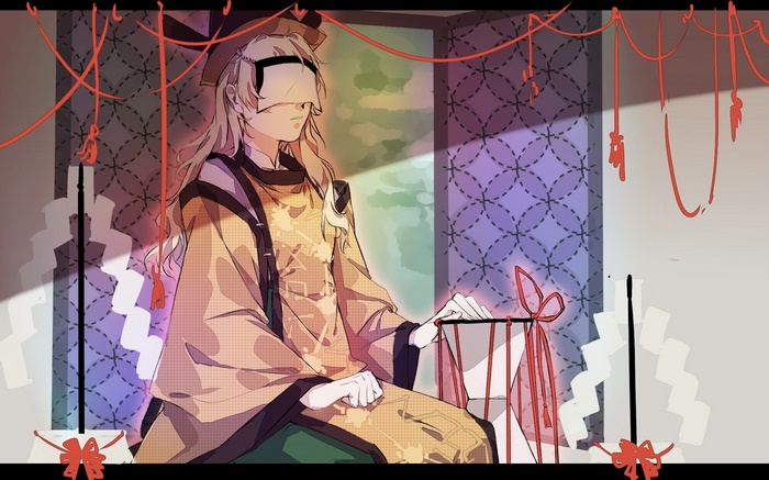 Okina Matara from Touhou sitting with blindfold