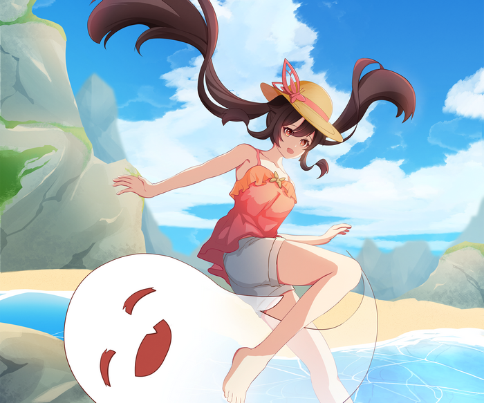 Hu Tao on a beach with a ghost