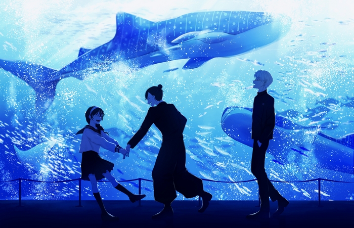 Satoru Gojo, Suguru Geto, and Shoko Ieiri at Aquarium