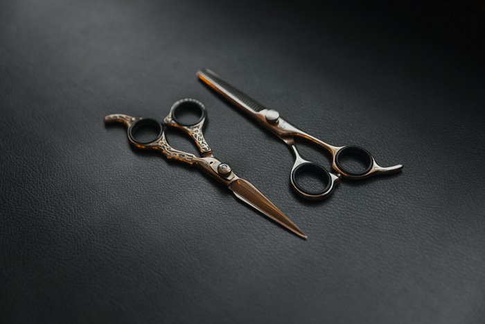 Two Sets of Barber Scissors on Black Surface