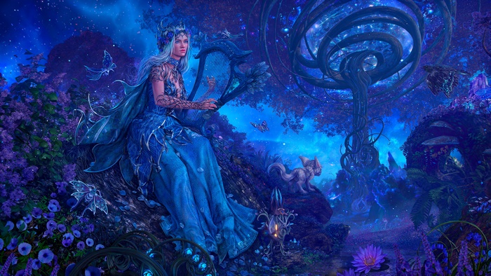 Fantasy Woman Playing Harp in Blue Forest 4K