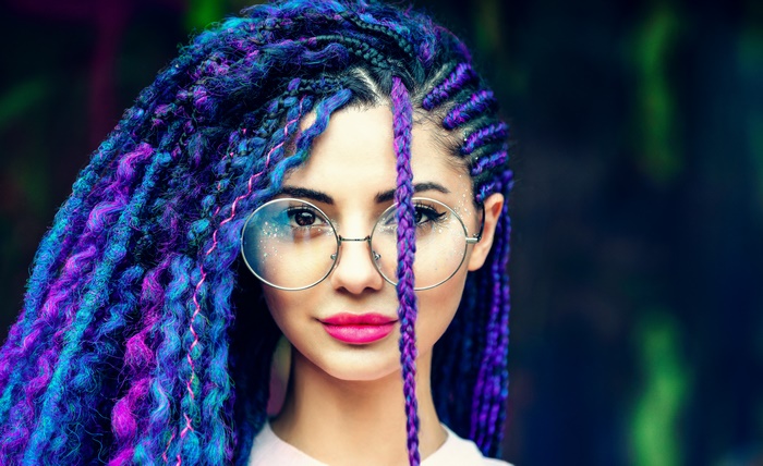 Woman with Vibrant Blue and Purple Braids
