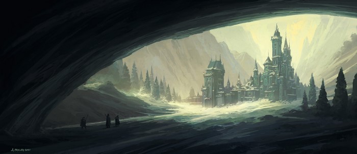 A winter settlement in a snowy mountain valley