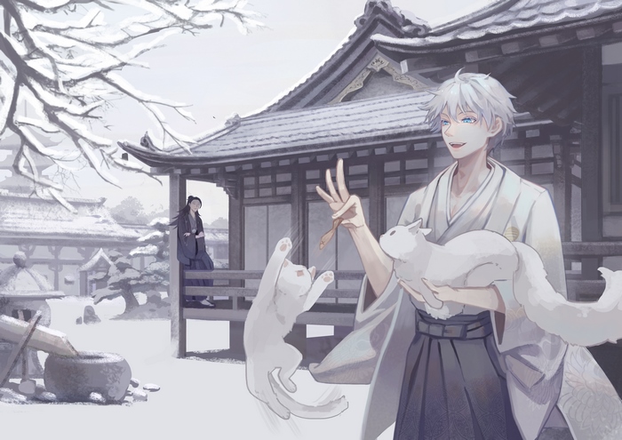 Satoru Gojo in Snowy Kimono with Cats 4K