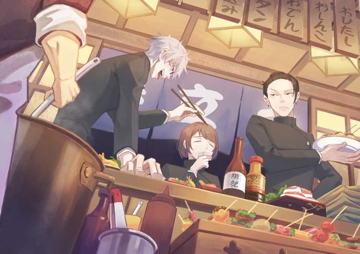 Satoru Gojo, Suguru Geto, and Shoko Ieiri at a food stall