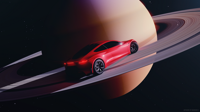 Red Tesla Roadster 2021 driving on Saturn's rings