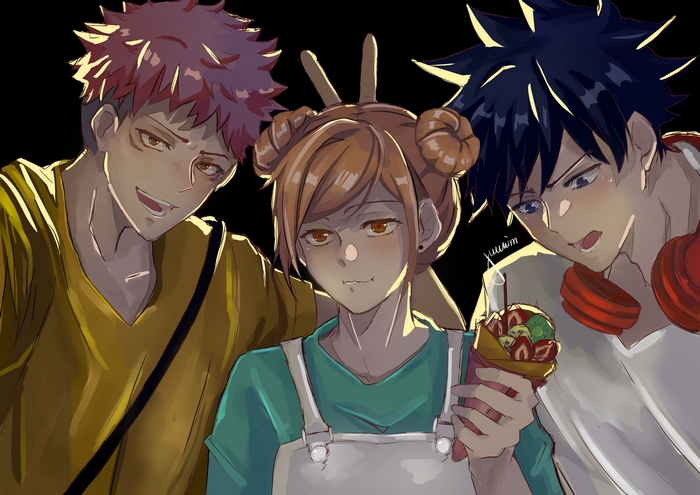 Yuji Itadori, Nobara Kugisaki, and Megumi Fushiguro with a crepe