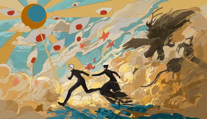 Satoru Gojo and Suguru Geto running from a creature