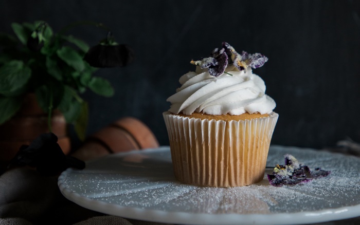 Cupcake with white frosting and purple flowers