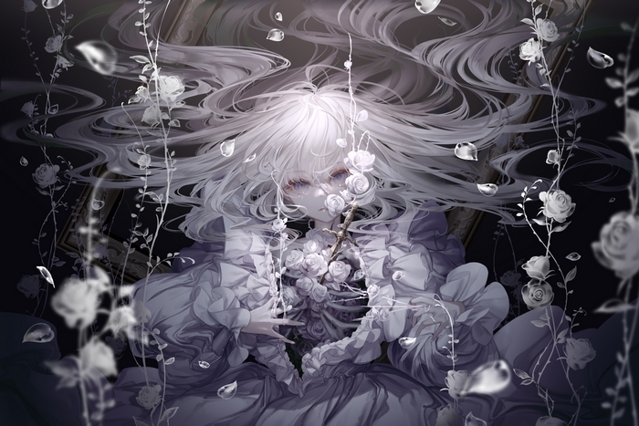 Girl with white hair and blue eyes underwater with flowers