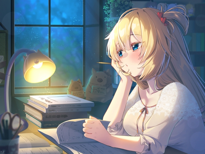 Akai Haato studying at her desk at night