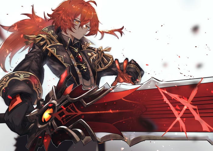 Diluc from Genshin Impact with a large sword