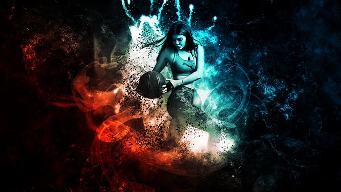 Woman with Basketball in Abstract Energy
