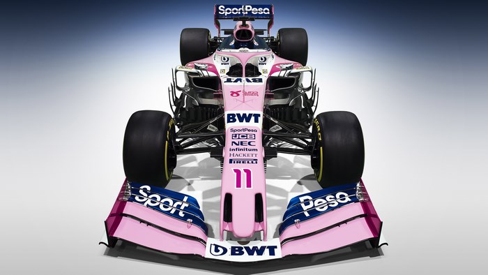 Formula 1 Car with Pink and Blue Livery