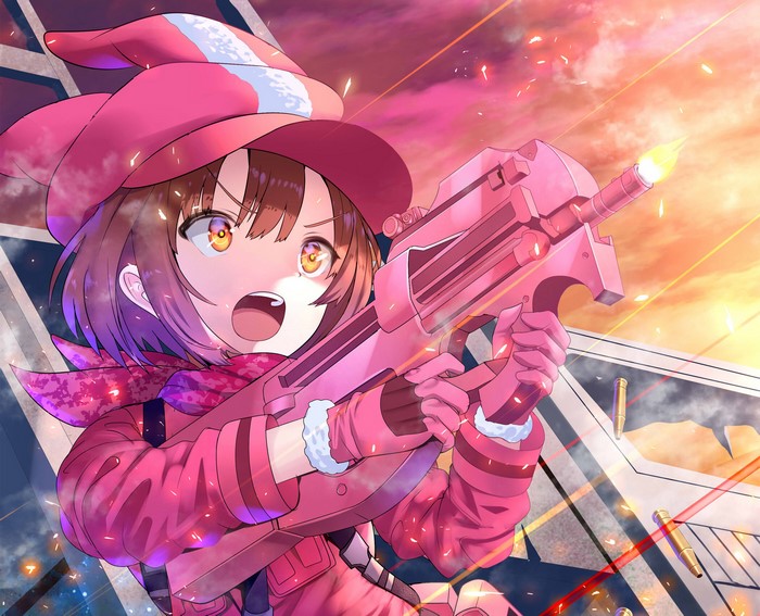 LLENN from Sword Art Online firing a pink gun