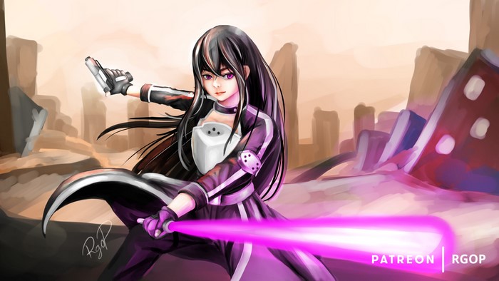 Asuna Yuuki with a gun and sword in a ruined city