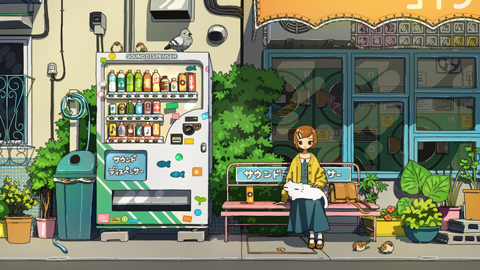 Girl with cat and birds at a vending machine