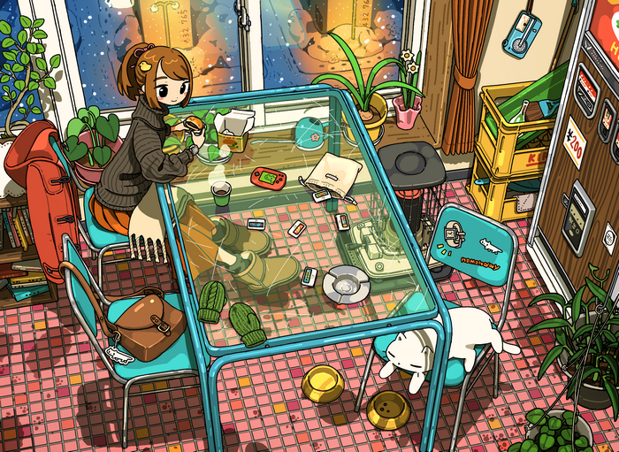 Girl eating burger with cat in cozy room