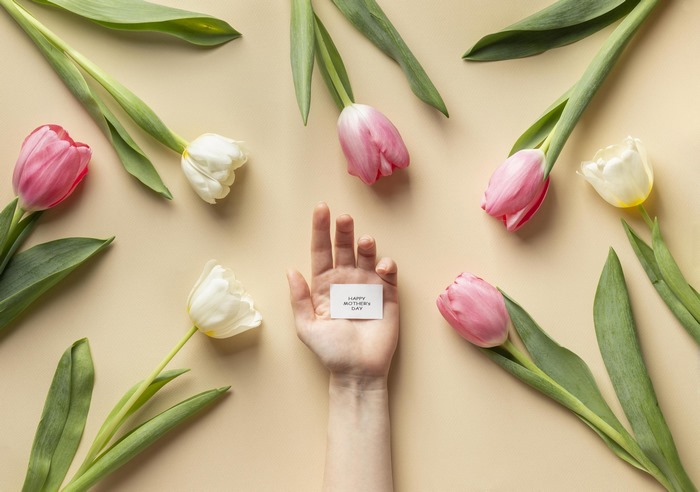 Happy Mother's Day tulips and hand
