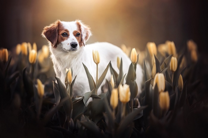 A dog sits among yellow tulips