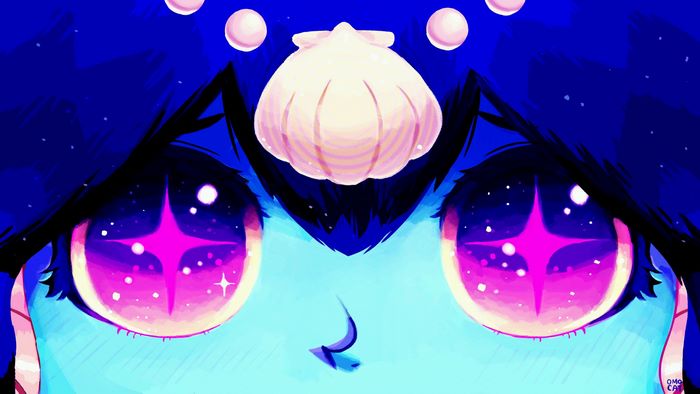 Omori character with starry purple eyes and seashell headdress