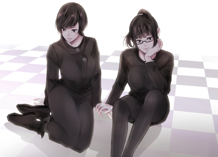 Mai Zenin and Maki Zenin sitting on a checkered floor