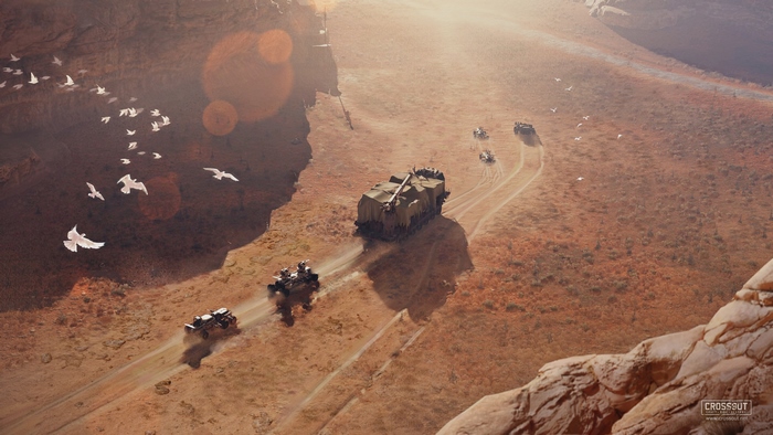 Crossout convoy in a desert canyon