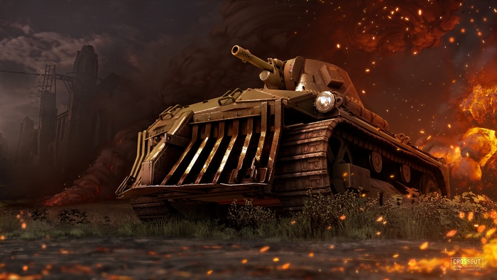 Crossout Tank in a Fiery Post-Apocalyptic Landscape