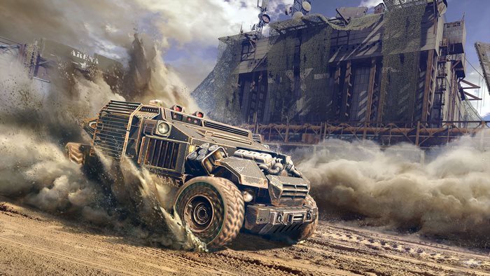 Crossout 4K armored vehicle in a dust storm