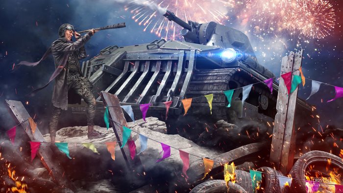 Crossout: Man with Telescope and Tank with Fireworks