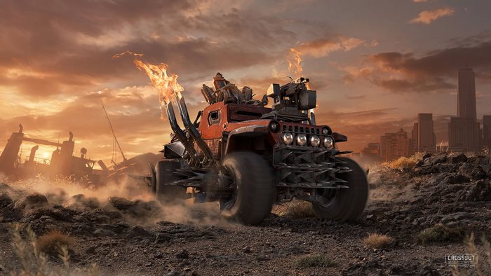 Crossout post-apocalyptic vehicle with flames