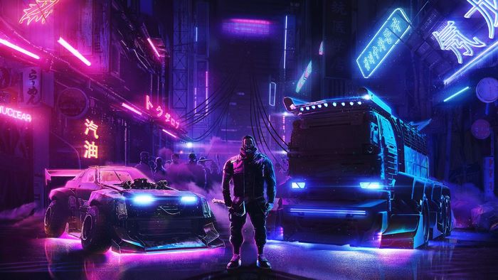 Cyberpunk street scene with futuristic vehicles and a man