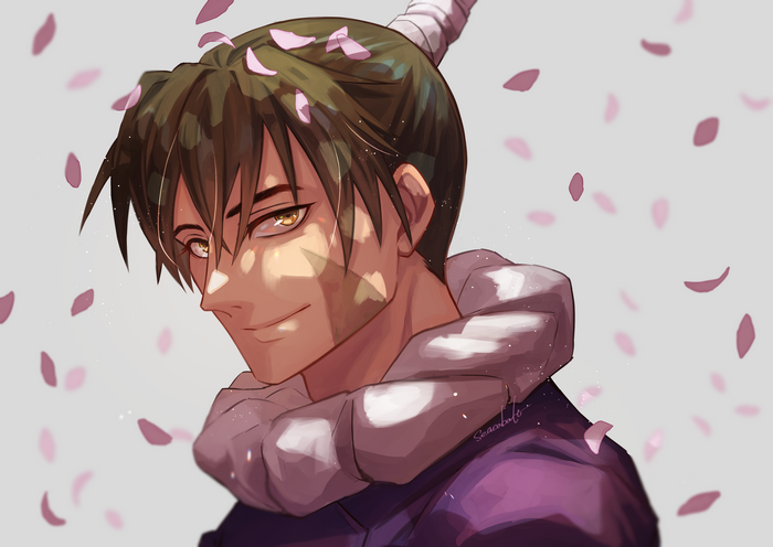 Kokichi Muta with falling cherry blossoms