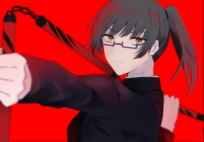 Maki Zenin with Nunchucks on Red Background