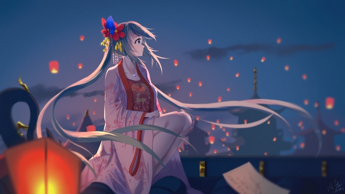 Hatsune Miku sitting on a rooftop at night with lanterns