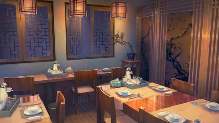 Restaurant interior with tables and lanterns