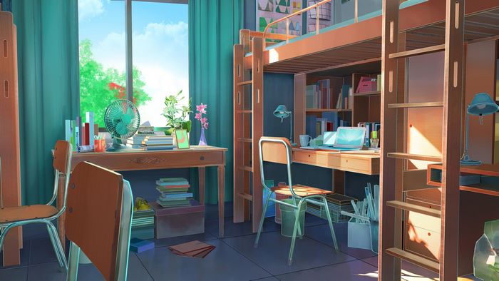 Anime Dorm Room with Bunk Beds and Desks