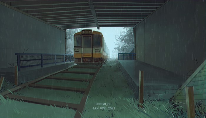 Train in a rainy tunnel