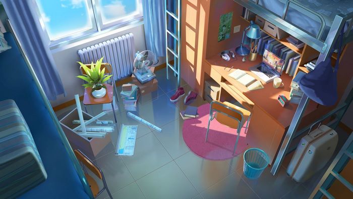 Anime dorm room with bunk beds and desk