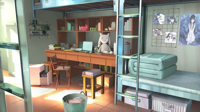 Anime girl's room with bunk bed and desk