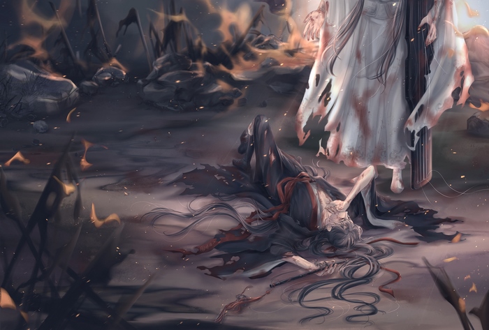 Wei Wuxian and Lan Wangji in a desolate landscape