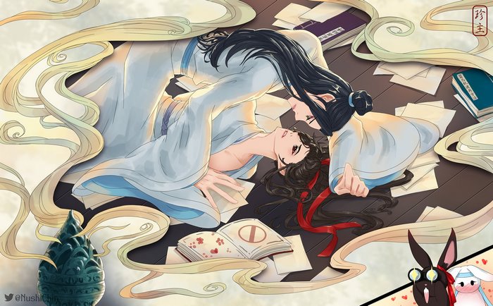 Wei Wuxian and Lan Wangji surrounded by papers