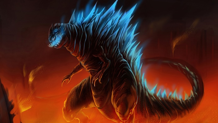 Godzilla with blue dorsal fins in a fiery landscape 4K