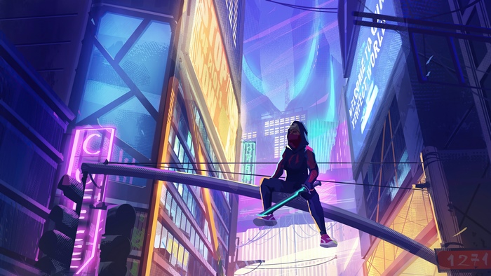 Futuristic Cityscape with a Crouching Figure